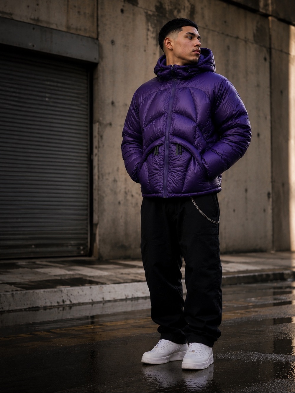 adidas Men's Hooded Purple Shiny Puffer Jacket